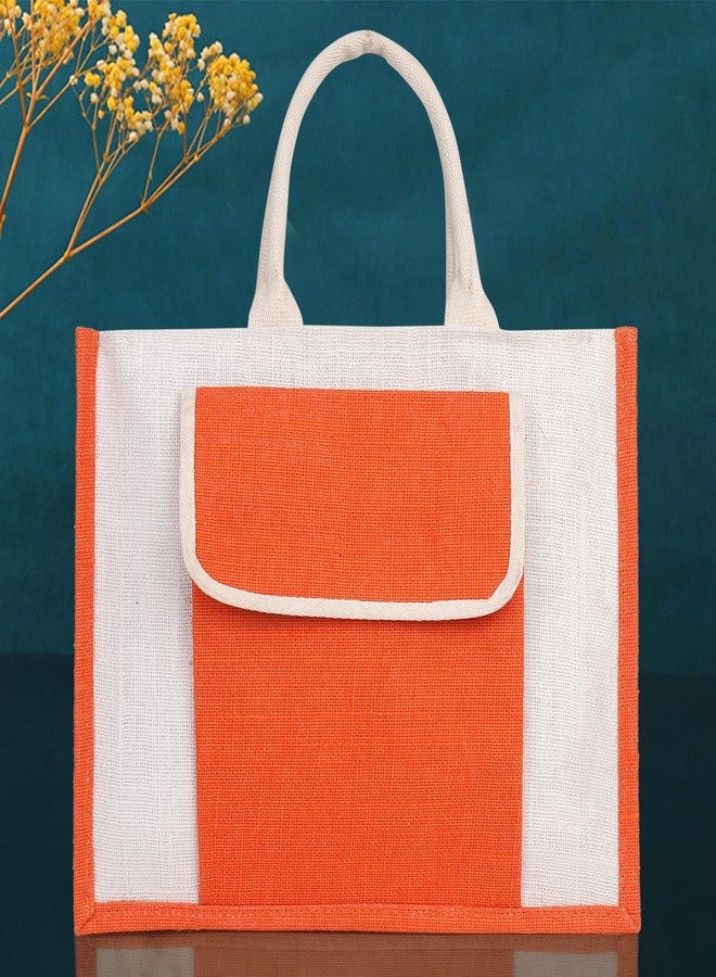 MISPACIO Jute Handbag with Large Outer Pocket | Orange & White Eco-Friendly Tote with Superior Lining, Zipper Closure & Strong Handles | Spacious Shopping Office Travel Bag | 12" x 16" x 5" | Pack of 2 - Image 3